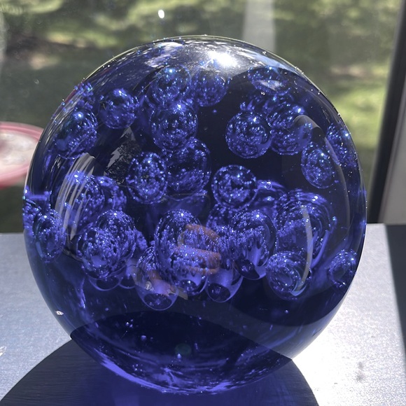 Art Sphere Paperweight Vintage MCM Cobalt Blue Glass Textured Bubbles 5x5 heavy - Picture 2 of 13